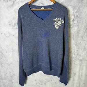 Vintage 60s Sigma Nu Sweater Mens Large Blue V Neck Long Sleeve College Frat